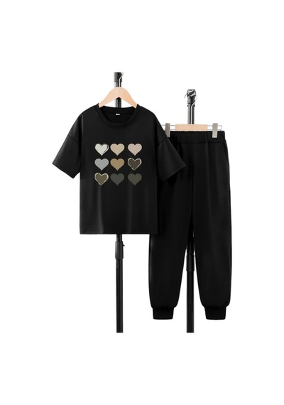 Uyguntarz Çocuk Kalp Baskılı Spor Eşofman Takımı Siyah