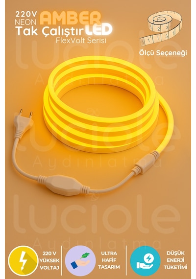 10 Metre Flexvolt 220v Amber Neon Led Şerit Işık Tak Çalıştır Fişli Sıcak Turuncu Işık Çözümü