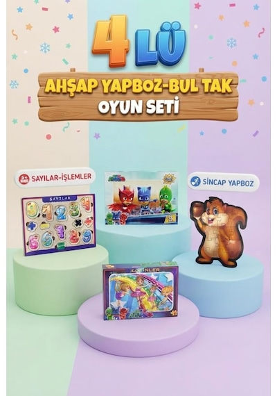 Eğitici Öğterici Ve Eğlenceli 4'lü Frame Yapboz Hikayeli Yapboz Ve Bul-tak Renkli Oyun Seti