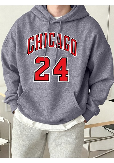 Startmore Startmorechicago Number 24 Letter Print Erkekler Rahat Moda Kapüşonlular Tüm Maç Sonbahar Tişörtü Pola Gri