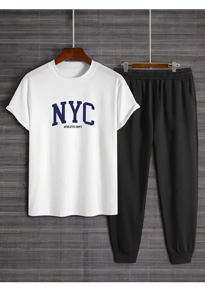 Uyguntarz Unisex Nyc Baskılı Tasarım Tshirt Eşofman Takımı Beyaz