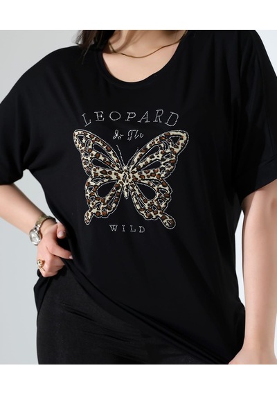 Elaxi Leopar Kelebek Desenli Bluz Beyaz