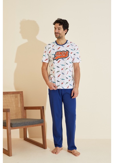 Siyah İnci Bisiklet Yaka Baskılı Örme Pijama Takım 25109830 Beyaz