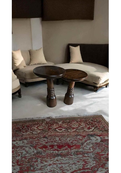 Doğal Masif Ahşap Yan Sehpa Seti 2 Li Ceviz Zigon Ve Fiskos Model - Mushroom Side Table Ceviz