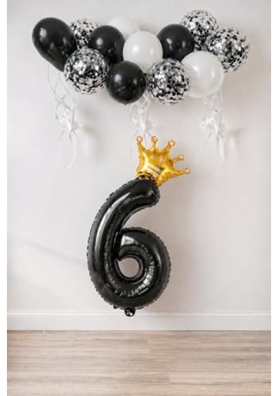 Siyah Folyo Balon, Kral Tacı Ve Konfetili Siyah Balon Set 6 Genel