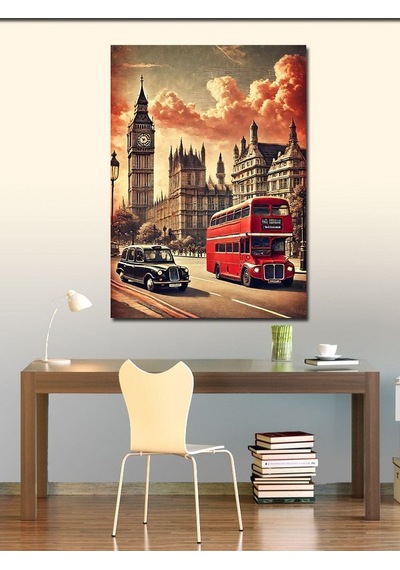 Kanvas Tablo Londra, Big Ben Ve Kırmızı Otobüs 50cmx70cm