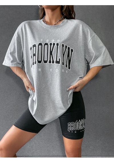 Flood Of Style Kadın Gri Brooklyn Bisiklet Yaka Tshirt