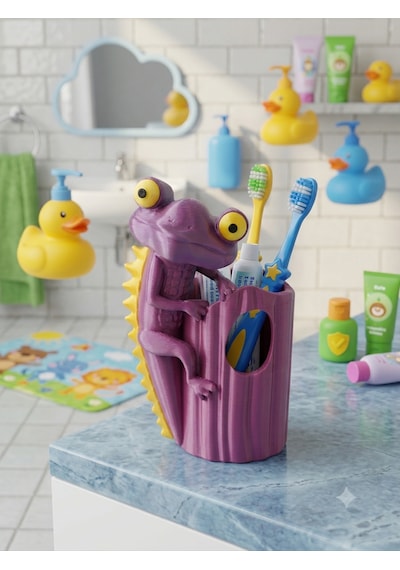 Sevimli Kertenkele Çocuk Diş Fırçalık 3d Baskı Diş Fırçası Standı Banyo Düzenleyici Mor