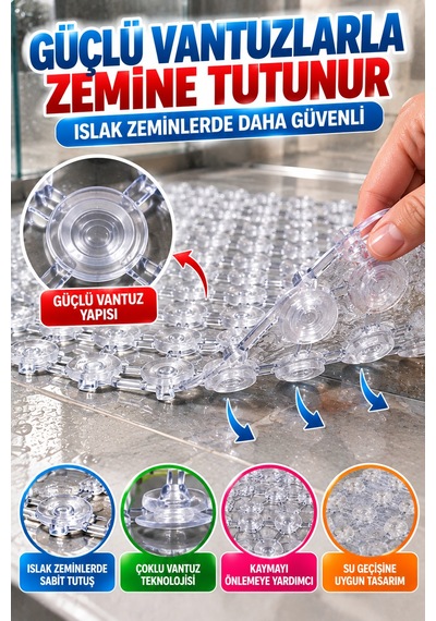 Crystal Kaymaz Vantuzlu Banyo Paspası Şeffaf 68x35 Cm Islak Zemin Kaydırmaz Küvet Duşakabin Pvc Matı