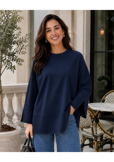 Unika Boutique Kadın Oversize Yırtmaçlı Uzun Kollu Salaş Bluz Lacivert