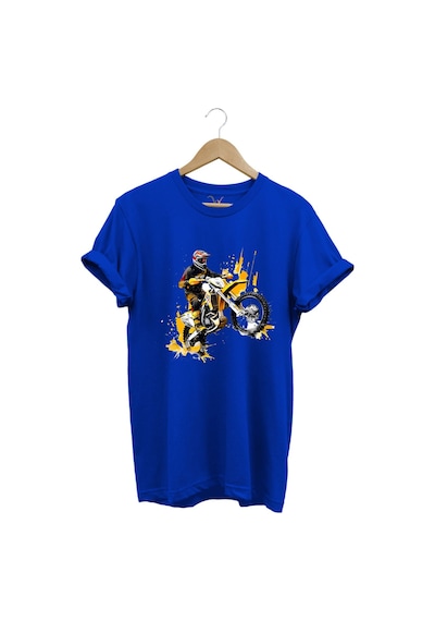 Motorcu Cross Motosiklet Baskılı Ön Kaldıran Motorcu %100 Pamuk Regular Fit Bisiklet Yaka T-shirt Mavi