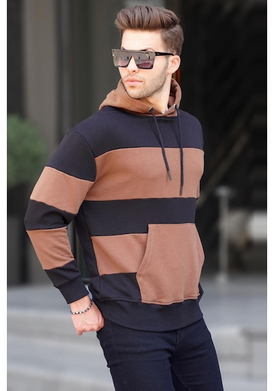 Madmext Siyah Kapüşonlu Çizgili Erkek Sweatshirt 6144-siyah Siyah