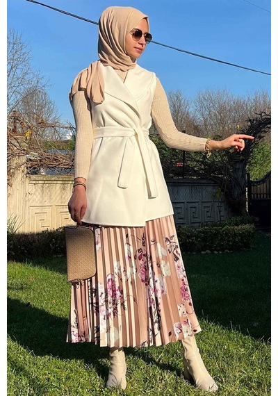 Rabia Şamlı Bej Çiçekli Plise Etek Normal