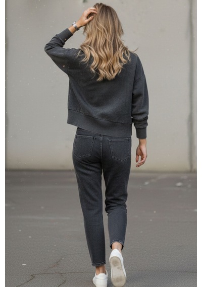 Kadın Füme Bisiklet Yaka Taş Yıkama Pamuklu Rahat Kesim Sweatshirt - Kadın Sweatshirt Antrasit
