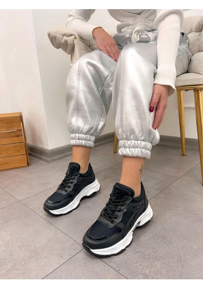 Erva'nın Butiği Siyah Cilt Leo Leopar Detaylı Kadın Bağcıklı Sneakers-5199