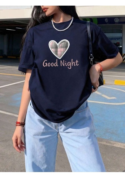 Uyguntarz Unisex Night Kalp Baskılı Tasarım Tshirt Lacivert