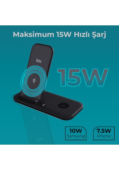 Bix Bxmw1 2'si 1 Arada 15w Qi Kablosuz Şarj Cihazı Standı Siyah