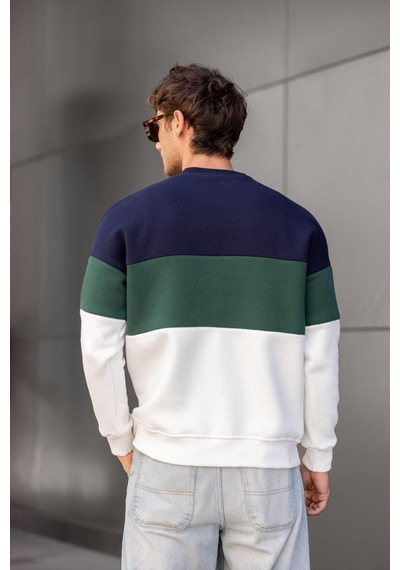 Trc 3244 Üç İplik Pamuklu Parçalı Bisiklet Yaka Erkek Sweatshirt 001