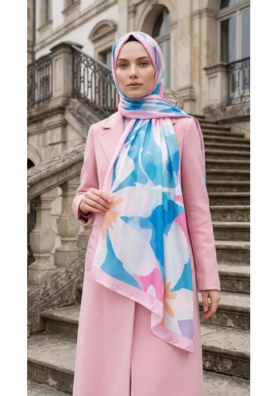 Moda Nuda Desenli Pamuk Soft Şal - İlham Serisi Mavi Pembe Kenarlı Mavi - Pembe