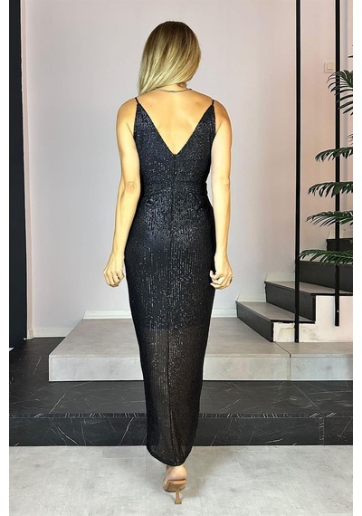 Ges Moda G0257 Payet Tasarım Elbise Siyah-siyah