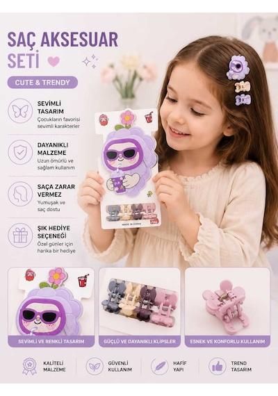 5'li Set Sevimli Karakter Figürlü Büyük Klips Ve Mini Mandal Kız Çocuk Toka B