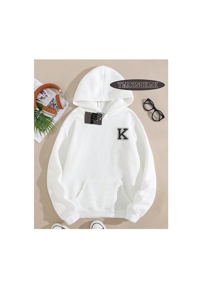 Tarzsokak Kapşonlu Sweatshirt Beyaz K Harfi İsme Özel Tasarım