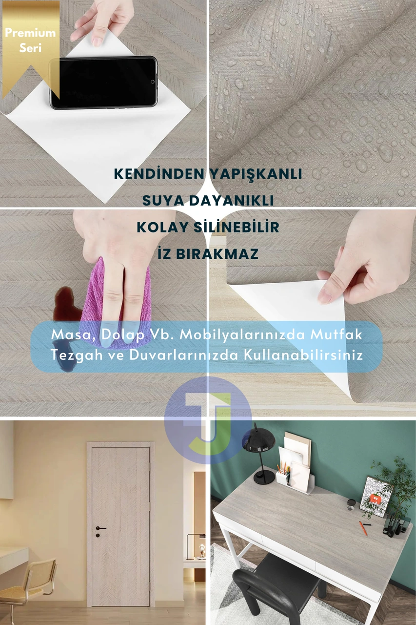 Technojet Kendinden Yapışkanlı Dokulu Balıksırtı Desen Premium Mutfak Duvar Dolap Kaplama 60cmx500cm Bej