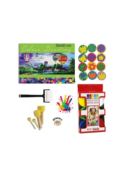 35x50 Resim Defteri + Parmak Boyası Baskı Seti Ponpon Fırçalı Set Yıkanabilir Çok Renkli