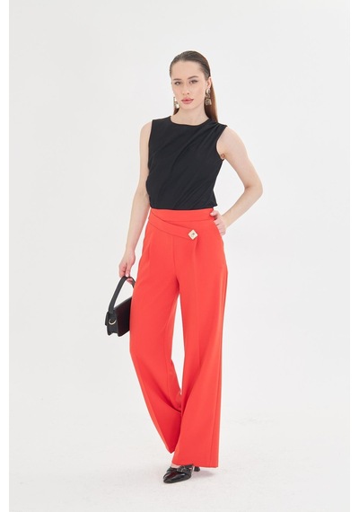 Lovelf Kare Düğme Bol Paça Pantolon Oranj Oranj