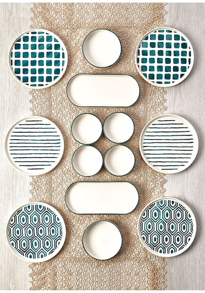 Kitchen Life 14 Parça 6 Kişilik Neometric Stackable Kahvaltı Takımı -  Kahvaltılık  Sunum Tabağı Yeşil - Beyaz