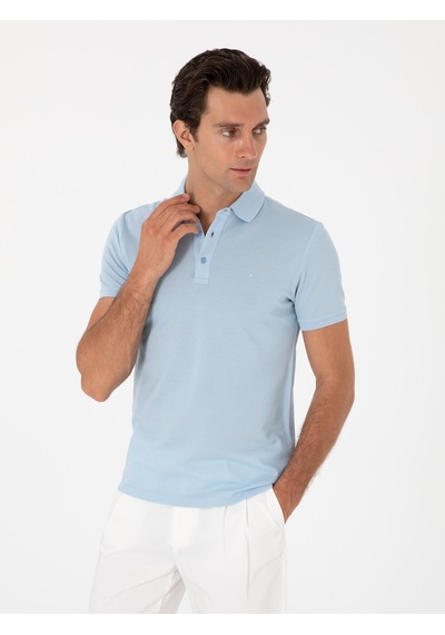 Buz Mavisi Slim Fit Polo Yaka Pamuklu Basic T-shirt Acık Mavı