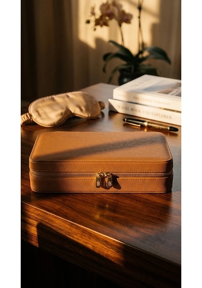 Takı Kutusu Düzenleyici Seyahat Çantası Kolye Yüzük Küpe Organizer Deri Kahverengi 22cmx17cm