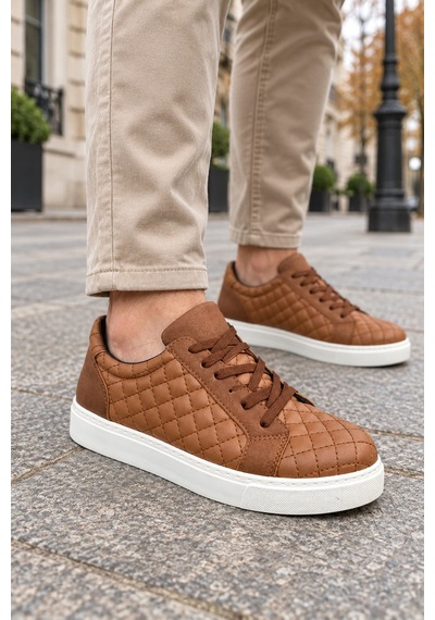 Mevese Egitserp Bağcıklı Cilt Kapitone Desenli Erkek Günlük Sneaker Ayakkabı - Taba