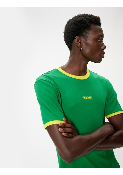 Koton Slim Fit Tişört Slogan Baskılı Kısa Kollu Bisiklet Yaka Yeşil 4sam11078hk Yeşil
