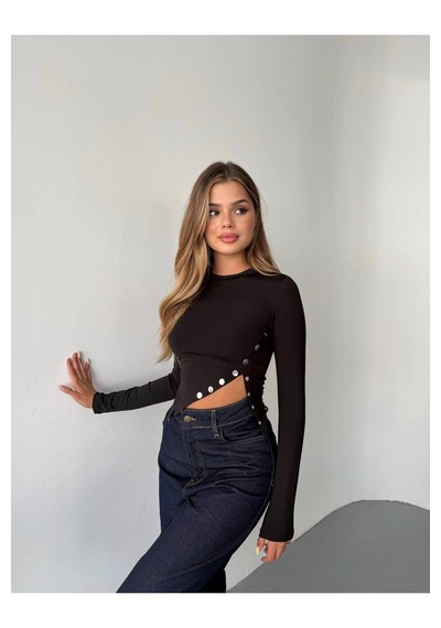 Kechi Woman Dalgıç Kumaş Çıtçıtlı Crop Siyah