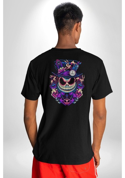 The Mad Skeleton Karakter Pamuklu Unisex Oversize Sırt Dijital Baskılı Siyah T-shirt Siyah