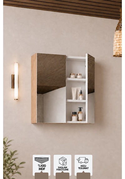 Milano 60 Cm, Banyo Dolabı, Üst Modül, Aynalı Dolap, Atlantis Meşe Beyaz - Sonomo