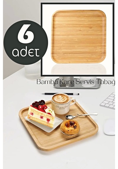 6 Adet Gourmet Kare Bambu Kahvaltı Tabağı Pasta Servis Sunum Tepsi İkramlık Ahşap Tabak 25x25 Seti