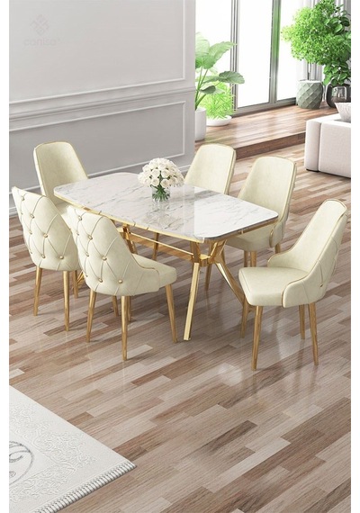 Canisa Asel Serisi 90x160 Lak Panel Beyaz Mermer Desen Gold Ayaklı Masa Takımı Ve 6 Krem Sandalye Beyaz Mermer Desen Masa Sandalyeler Krem Canisa Asel Serisi 90x160 Lak Panel Beyaz Mermer Desen Gold Ayaklı Masa Takımı Ve 6 Krem Sandalye Beyaz Mermer Desen Masa Sandalyeler Krem