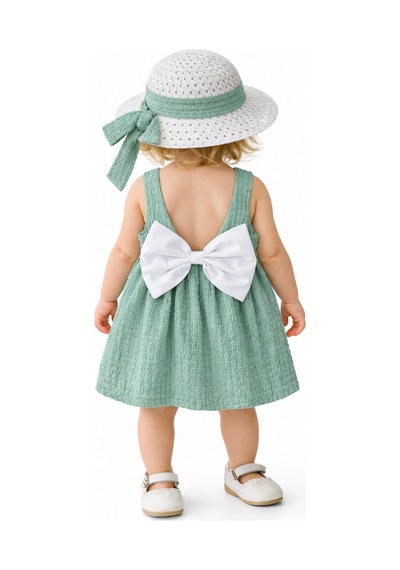 Chicsy Baby Tatlı Kız Bebek Tarz Elbise Şapkalı Fiyonk Detaylı Yazlık 2 Li Kombin Su Yeşili