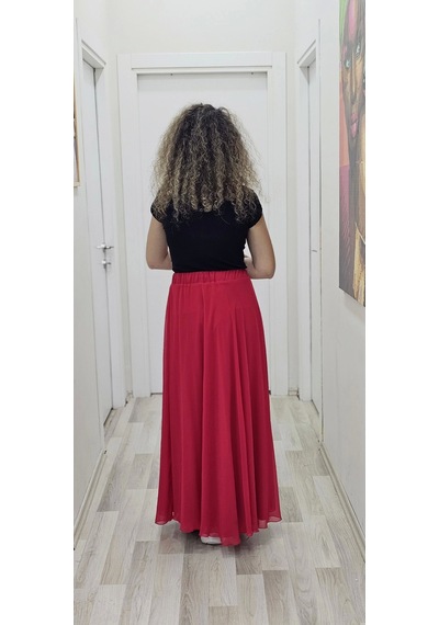 Lodmela Bel Lastikli Kloş Şifon Etek 6003-kırmızı Kırmızı