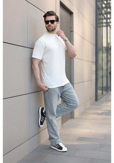 Madmext Ekru Bisiklet Yaka Basic Erkek T-shirt E7113