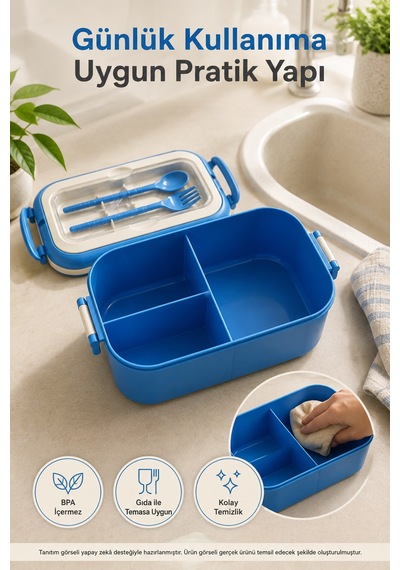 Mavi 3 Bölmeli Çocuk Beslenme Kutusu Kaşık Çatal Dahil Kilitli Kapaklı Taşıma Saplı Lunch Box