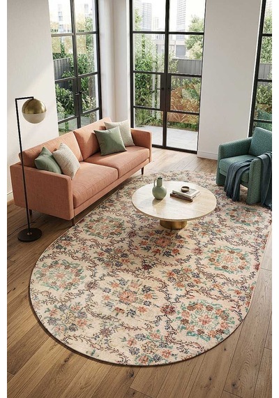 Vintage Desen Pamuk Taban Yıkanabilir Oval Halı Krem