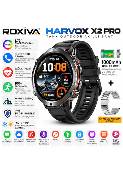 Harvox X2 Pro Tank 1.73" Amoled Ekran Profosyonel Akıllı Saat (İthalatçı Garantili)