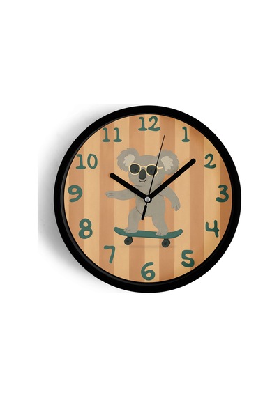 Güneş Gözlüklü Kaykay Yapan Sevimli Koala Çocuk Odası Modern Duvar Saati - 25cm - Önü Camlı-jh0217 Siyah