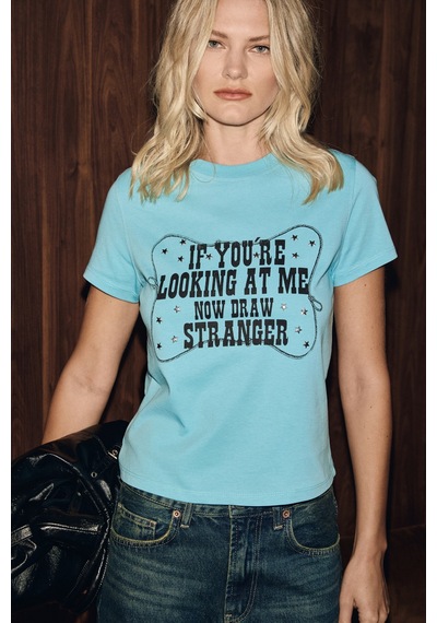 Grimelange Grımelange Vıonele Kadın Organik Pamuklu Kısa Kollu Ve Baskılı Mavi T-shirt