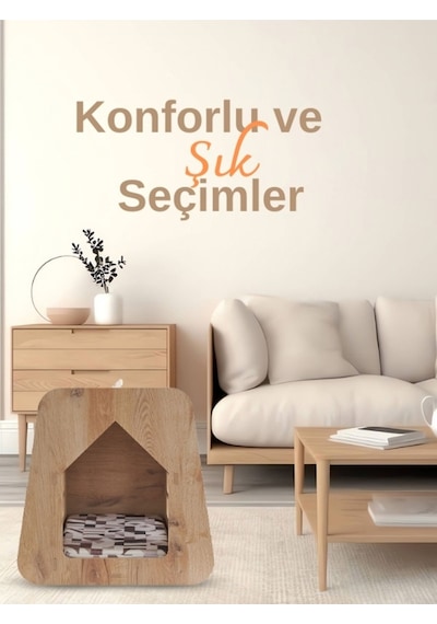 Kedi Köpek Evi Caramel 30 50 Yıkanabilir Kumaş Minder Ve Yatak Dahil