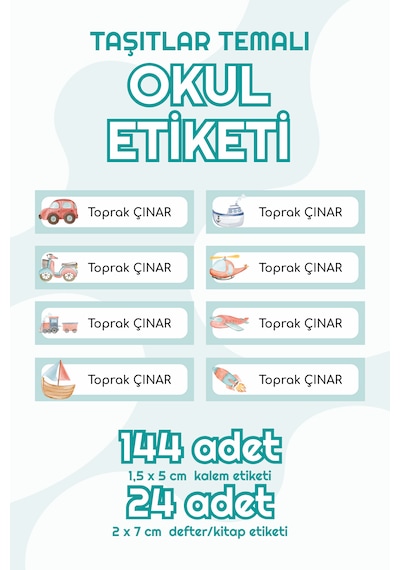 Taşıtlar Temalı Isimli Okul Etiketi Defter Kitap Sticker Seti