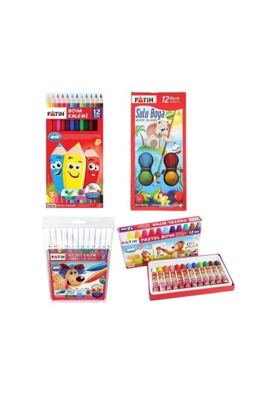 Fatih 4'Ü Boyama Seti  12 Renk Pastel+ Sulu Boya + Kuru Boya + Keçeli Kalem